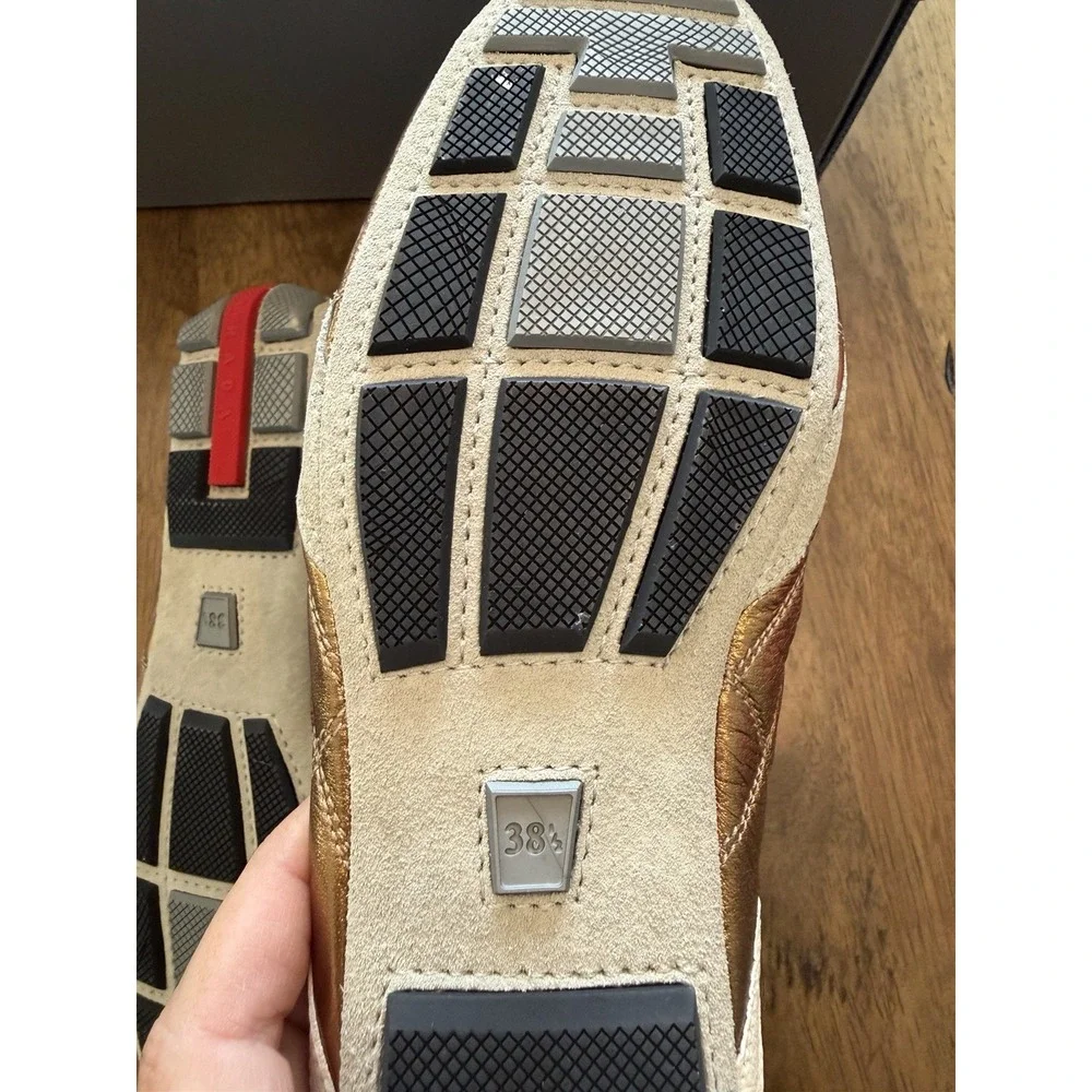 Prada Bronze Metallic Leather Suede Driving Ballet Flats 38.5 US 8.5 NIB From90s